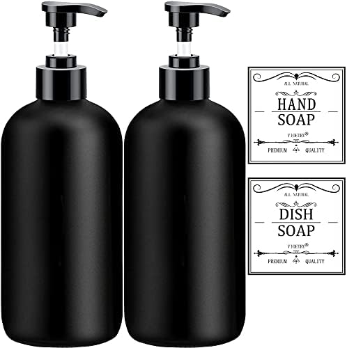 Black Soap Dispenser with Rust Proof Pump, Waterproof Labels (2 Pack,16 Oz) Bathroom, Plastic Hand Dish Soap Dispenser for Kitchen, Premium Thick Soap Pump Bottles