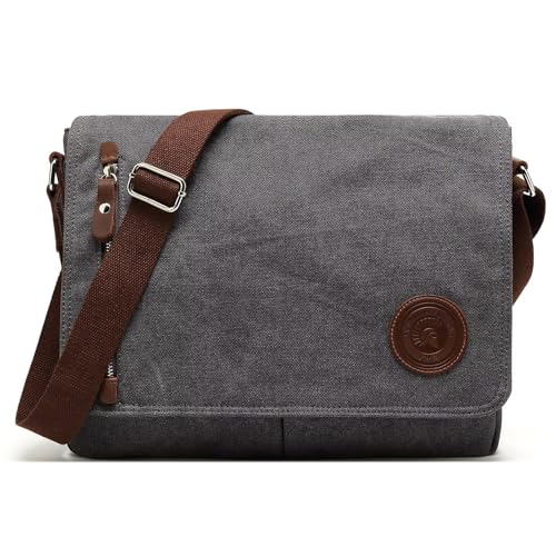 Sunborls Herren Damen Umhängetasche Canvas & Echtleder Messenger Bag Satchel Student Bag Aktentasche für 14 Zoll Laptop, grau