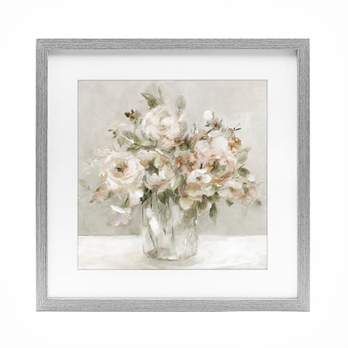 Soft Neutral Floral Still Life, 13 x 13 Inch Framed Print Under Glass