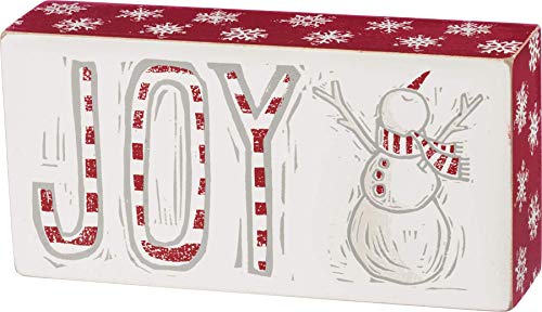Primitives by Kathy Christmas Block Sign Joy Snowman White Red Silver