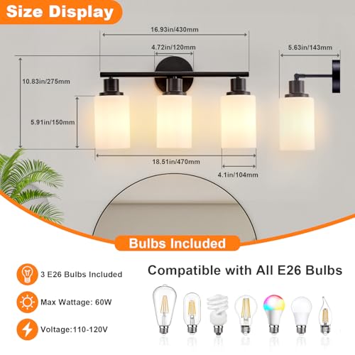 Image of DLLT 3-Light Bathroom Light Fixtures: Black Modern Vanity Lights with E26 Bulbs - Milky White Glass Shade Bathroom Wall Lamp for Mirror Kitchen Living Room Hallway Cabinet Porch