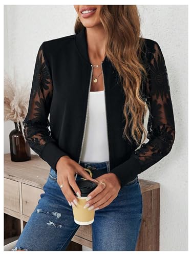 GORGLITTER Women's Bomber Jacket Lace Sheer Mesh Zip Up Long Sleeve Festival Goth Jackets Baseball Jacket4