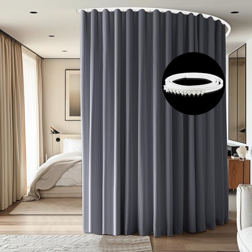Image of Room Divider Ceiling Mounted Curtains Track Sets Extra Wide Blackout Curtain Flexible Tracks for Bedroom Privacy Partition Separator, 1 Panel Grey Drape and White Rail, W12.5 x H9ft
