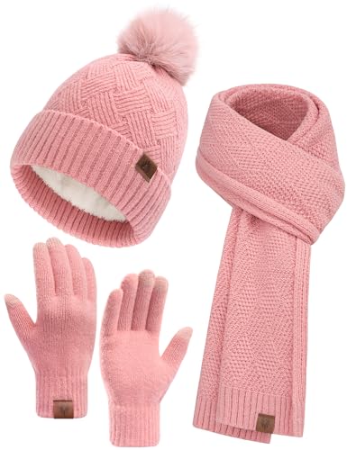 heekpek Conjunto Bufanda Gorro Guantes Termicos Invierno Mujer Set Estuche Regalo Conjuntos Punto Navidad Gifts, Rosa
