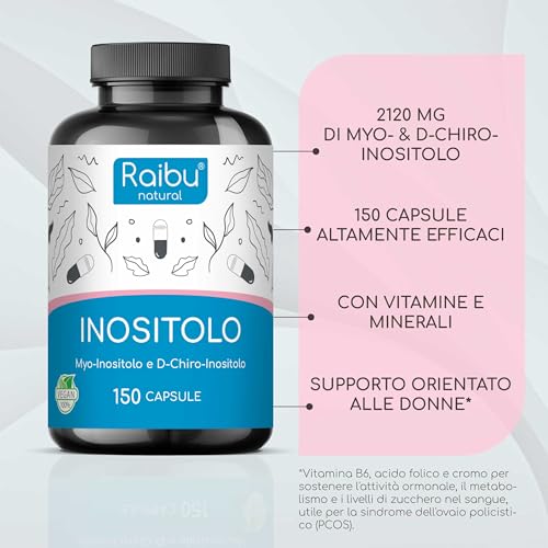 Inositolo Integratore, Myo & D Chiro Inositolo - 150 Capsule Vegane - PCOS ed Equilibrio Femminile, con Vitamina B6 e Cromo - Dose Elevata, Combinazione Efficace - Raibu - 4