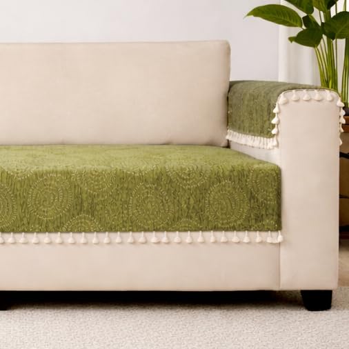 Image of STITCHNEST Woven Fabric Sofa Cover 3 Seater with 2 Hand Rest Covers - Washable Green Sofa Cover with Tassels - Durable Premium Fabric - Stylish Sofa Protector for Living Room & Furniture Decor