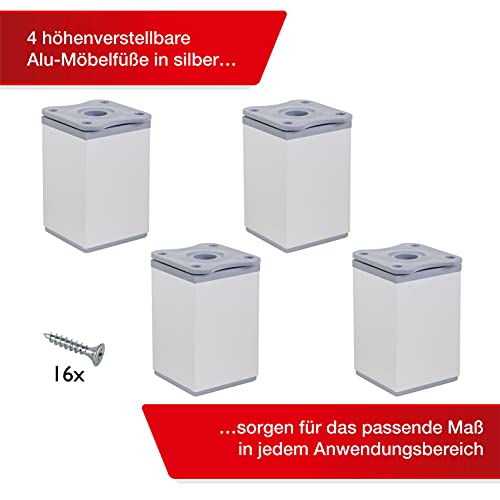 LouMaxx Adjustable Square Furniture Feet, Set of 4 40 x 40 x 60 mm in Aluminium/Silver with Mounting Plate - Image 2