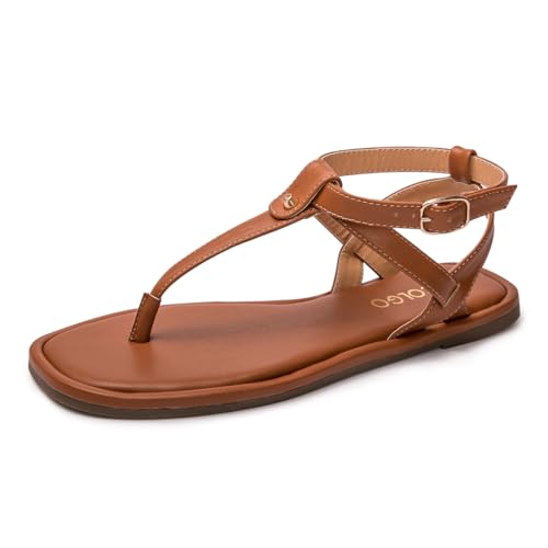 Colgo Thong Flat Sandals, Casual Women T-Strap Dress Sandals with Adjustable Ankle Buckle for Summer Wedding (Fang Brown/Sdl,9)