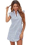 SheIn Women's Casual Striped V Neck Tunic Dress Ruffle Trim Cap Sleeve Short Dresses White Blue S