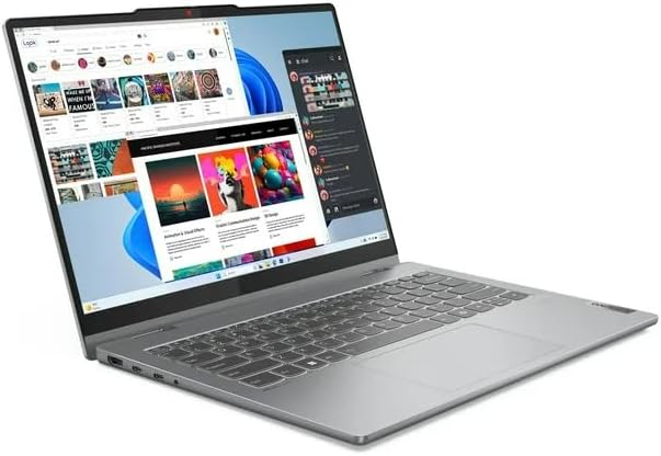 Angled view of the Lenovo IdeaPad 5 2-in-1 laptop, showcasing its open display with multiple application windows.