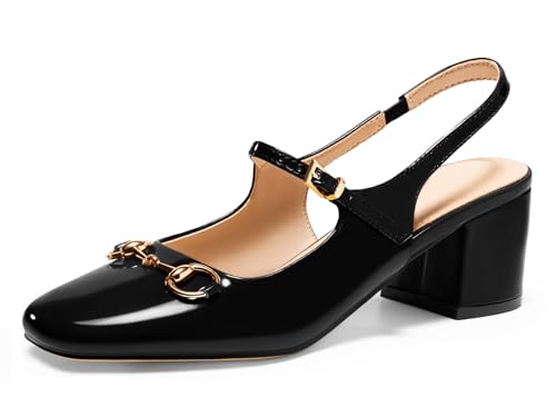 PiePieBuy Womens Slingback Chunky Heels Mary Jane Shoes Slip On Buckle Strap Dress Shoes Closed Round Toe Pumps