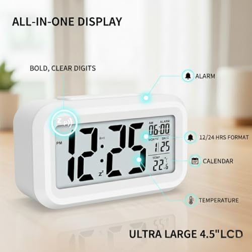 Image of Rorian Digital Alarm Clock - Large LCD Display with Smart Backlight, Indoor Temperature, Date & Calendar, Battery Operated Portable Desktop Clock for Bedroom, Travel, and Office (White)