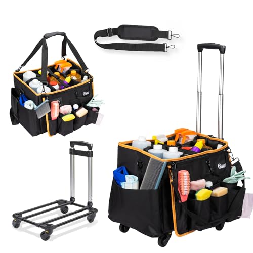 Large Rolling Cleaning Tool Bag with Waterproof Oxford Fabric - Black with Orange Trim, Detachable Multi-Function Side Pouches, Convertible Crossbody, Tote, or Wheeled Use