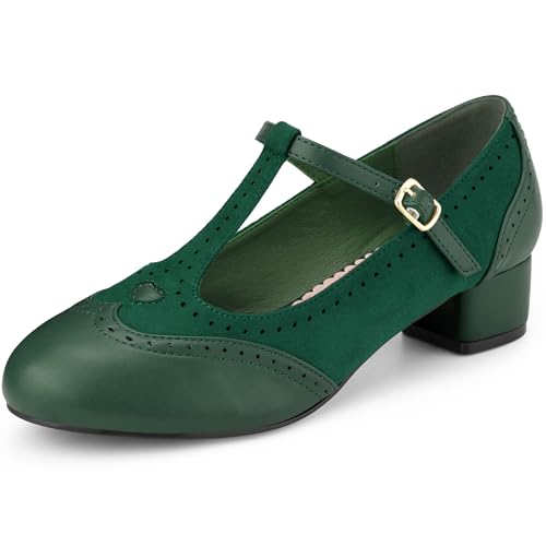Allegra K Women's Mary Janes T-Strap Ankle Strap Block Heels Pumps Dark Green 7 UK/Label Size 9 US