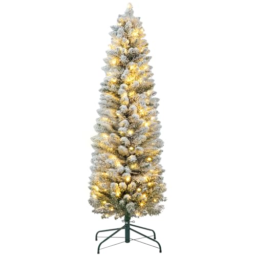 HOMCOM Árbol de Navidad 150 cm Árbol de Navidad Artificial Nevado con 120 Luces LED 263 Ramas y Patas de Metal Árbol Navideño para Salón Verde y Blanco