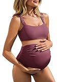 Summer Mae Gerippter Schwangerschafts-Bikini, Badeanzug für Damen, hohe Taille, zweiteiliger Badeanzug, bauchfreies Oberteil, Schwangerschaftsbademode, Marsala, 36-38