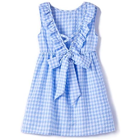 Rysly Toddler Baby Girls Cotton Linen Plaid Dress with Ruffle Back Straps and Bow Kids Casual Dress (Plaid Blue,110) Cover