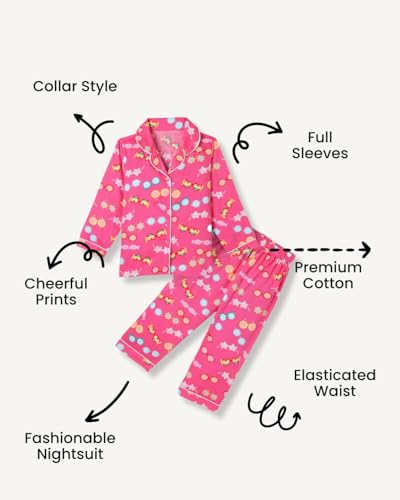 Image of Girls Premium Cotton Full Sleeves Printed Nightsuit Set | Collar Style Night Dress for Girls | Soft & Breathable Pajama Set | Trendy Kids Sleepwear & Nightwear