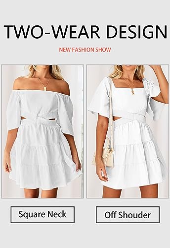 Image of OWNGIGI Women's Summer Dresses Square Neck Short Sleeve Cutout Crossover Elastic Waist Casual Party A-Line Mini Dress