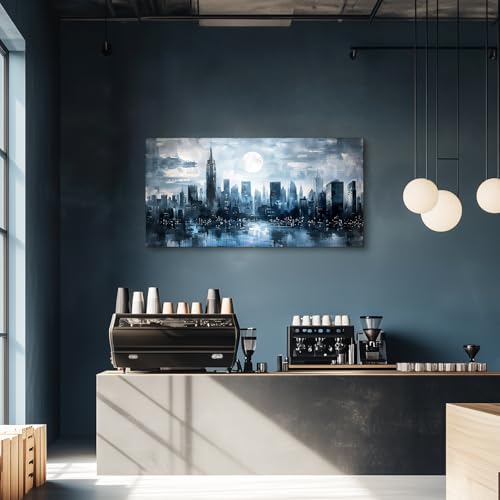 SERIMINO New York Skyline Wall Art, Urban Landscape Abstract Large Wall Decor, City Moon Night Landscape Artwork for Walls, Modern Aesthetic House Decorations Living Room Bedroom Office 24X48 Inch