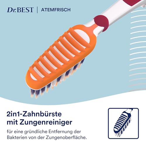 Dr.BEST Atemfrisch Zahnbürste, Mittel, Vorteilspack, mit 2in1 - Zahnbürste und Zungenreiniger. Entfernt gründlich Bakterien von der Zungenoberfläche, für eine effektive Reinigung der Zähne. – Bild 6