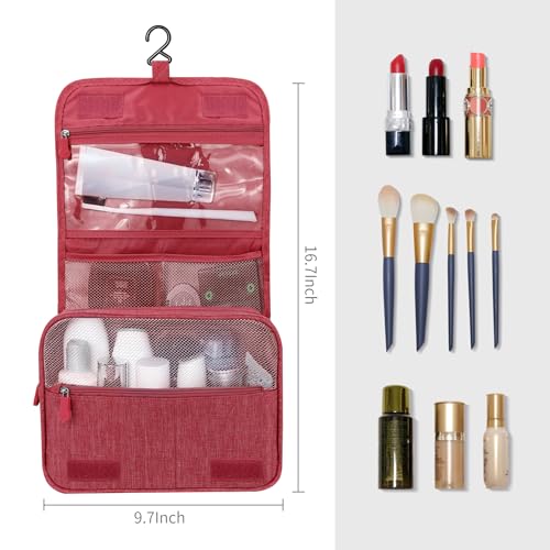 Image of Lcsmaokin Large Capacity Toiletry Bag Travel Bag with Hanging Hook for Men and Women Waterproof Travel Cosmetic Bag Bathroom Storage Bag for Brushes Set, Full-Sized Shampoo, Toiletries, Wine Red