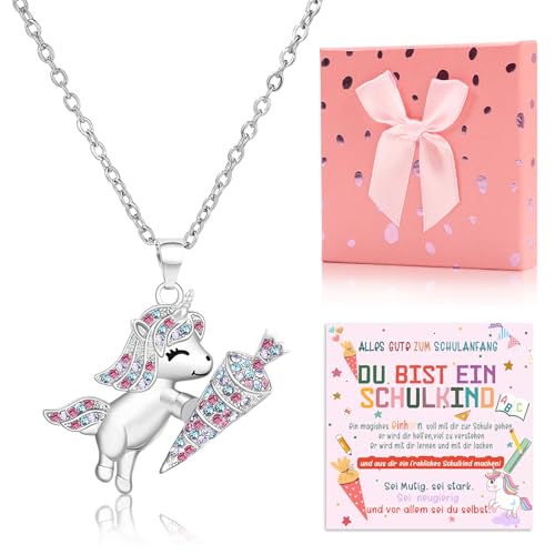 Bafiwu Einschulung Mädchen Geschenk, Einhorn Kette Schultüte Füllung Schulanfang Geschenke, Einschulungsgeschenke für Endlich Schulkind 2025 Mädchen mit Grußkarten Geschenkbox
