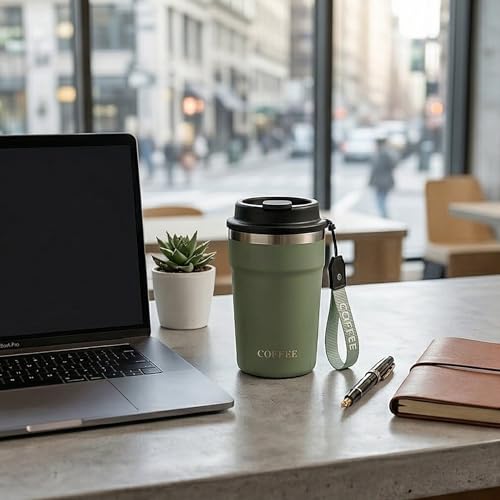 Image of Travel Coffee Tumbler with Lanyard - Insulated Stainless Steel Mug, Leak-Proof, Keeps Hot 6H & Cold 8H - Green, 400 ML
