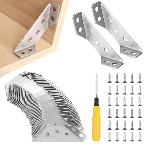 30 PCS Escuadras Metalicas, Escuadras de Acero Inoxidable, Cantoneras para Estanterias, Soporte Triangular, Soporte de Esquina para Conectores de Muebles Estante de Madera