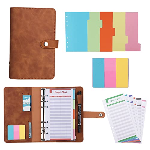 A6-Budget-Ringbuch, Geldsparmappe aus PU-Leder, Budgetplaner mit durchsichtigen Bargeldumschlägen, Budgetblättern, Trennwänden und Haftnotizen zum Budgetieren und Sparen Cover