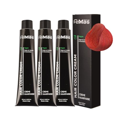 FemMas Tinte para el cabello 3 x rubio oscuro rojo cobre 6.64 I crema tinte para el cabello con aceite de argán, queratina y ceramidas, coloración permanente del cabello o tinte para resultados de