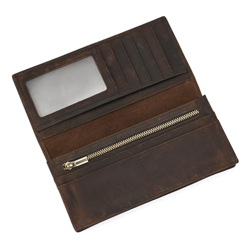 LUUFAN Genuine Leather Long Wallet with Multiple Card Slots for Men, Zipper Coin Pocket Cash Credit Card ID Window Slim Bi-fold Purse, Dark Brown
