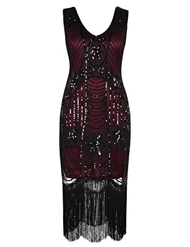 PrettyGuide Women's 1920s Gatsby Sequin Art Deco Fringed Cocktail Flapper Dress S Burgundy