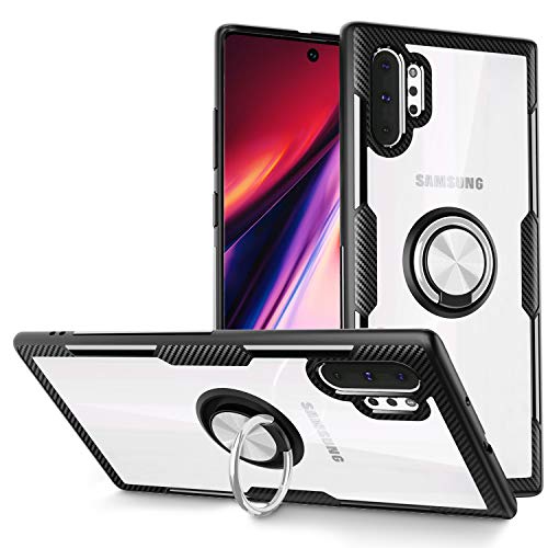 Galaxy Note 10 Case for Samsung Galaxy Note 10 Case,Carbon Fiber Design Anti-Fingerprints Crystal Clear Cover with Rotation Finger Ring Kickstand [Work with Magnetic Car Mount] - Clear Black by SQMCase - Used condition - US$10.20