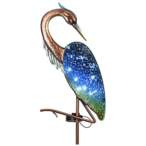 TERESA'S COLLECTIONS Solarleuchte im Freien, Gartendeko für draußen, Graureiher Gartenfigur, 110cm Solar Gartenleuchte Metall Glas wasserdichte Wegeleuchte Cover