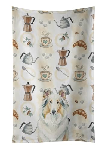 Caroline's Treasures White Collie Coffee Bar Kitchen Towel Velour Plush Front and Cotton Loop Back Machine Washable