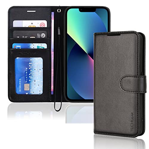 TECHGEAR iPhone 14 Plus Leather Wallet Case, Flip Protective Case Cover with Wallet Card Holder, Stand and Wrist Strap - Black PU Leather with Magnetic Closure Designed for iPhone 14 Plus 6.7"