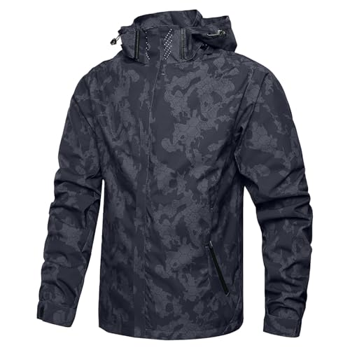 Generisch Chubasquero impermeable para hombre, cortavientos, chaqueta para exteriores, estampado de camuflaje, chaqueta ligera para el tiempo libre, cortavientos, para bicicleta, con capucha, Negro