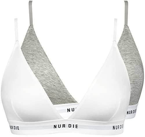 Nur Die 2er Pack Soft BH sportlich ohne Bügel bügelloser BH Triangel Bra Bustier Baumwolle Damen, Graumelange/Weiss, M