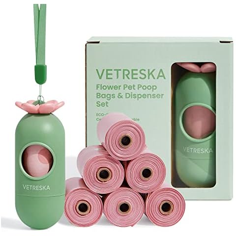 VETRESKA Dog Poop Bag Dispenser with Lavender Scented Dog Waste Bags and 2 Leash Tie, Extra Thick and Compostable Pet Waste Bag, 105 Bags with Unique Flower Shape Dog Poop Bag Holder for Dogs Cover