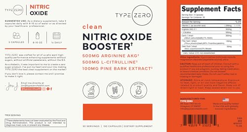Image of Type Zero Nitric Oxide 6X Booster, 150 Veggie Capsules - Natural Supplement - Beetroot, Arginine AKG, Citrulline, Pine Bark, Garlic & VIT C | Nitrous Oxide (Pack of 2)