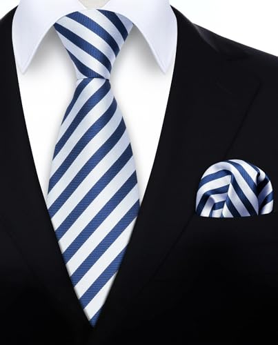Image of HISDERN Mens Tie Striped Ties and Handkerchief Set Business Formal Woven Pocket Square Wedding College Stripe Necktie