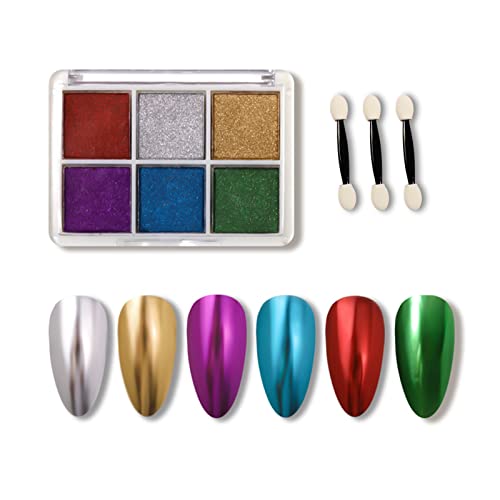 ALLMIRA オーロラパウダー ネイル 固形 6色パレット ネイルパウダー ジェルネイル カラー ネイルパーツ 自宅DIY 极細 スポンジチップ付き (08)