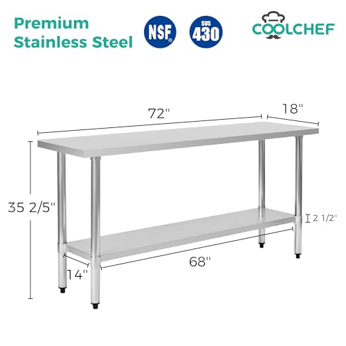 Image of COOLCHEF Stainless Steel Work Table 18 x 72 Inch, NSF Commercial Prep Table with Undershelf, Heavy Duty Food Prep Workstation