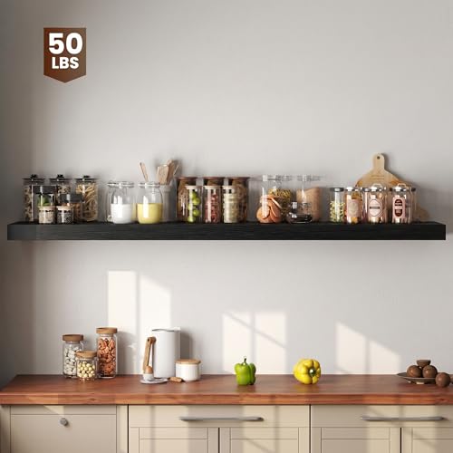 Image of Dreamland 72 inch Floating Shelves for Wall, 12 inch Deep Thicker Black Floating Shelves, Wall-Mounted Shelves for Bedroom, Living Room, Kitchen, Bathroom - Set of 1