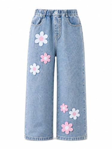 Ecolala Girls Flower Embroidered Wide Leg Jeans Elastic Waist Straight Denim Pants Blue 9-10 Years