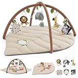 Blissful Diary Baby Play Gym & Activity Mat, Leaf Shaped Baby Tummy Time Play Mat with 6 Detachable Toys, Promotes Motor Skills & Sensory Development, Newborn Baby Essentials Gift, Oatmeal Beige