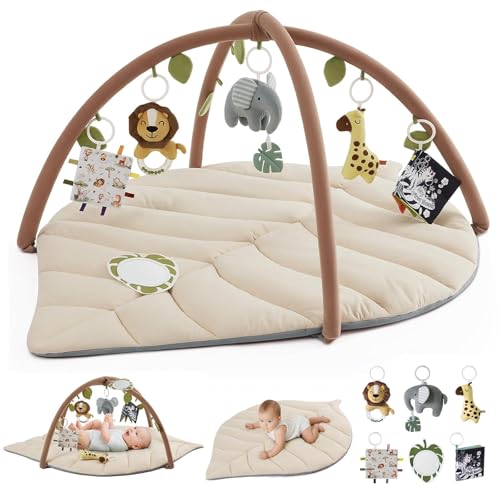 Image of Blissful Diary Baby Play Gym & Activity Mat, Leaf Shaped Baby Tummy Time Play Mat with 6 Detachable Toys, Promotes Motor Skills & Sensory Development, Newborn Baby Essentials Gift, Oatmeal Beige