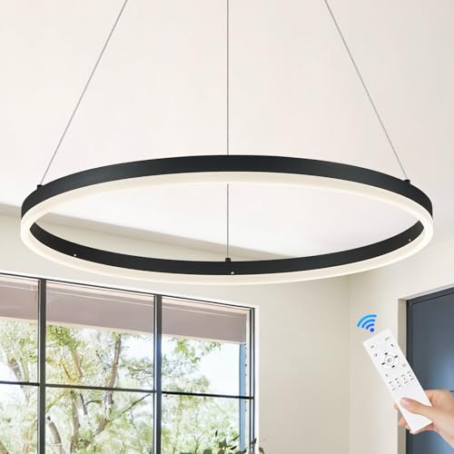 Image of Benkut D23.6 Modern LED Ring Pendant Light Fixture Black Circular Dimmable LED Ring Chandelier with Remote, Round Hanging Light for Kitchen Island Dining Room Living Room(3000K-6500K)