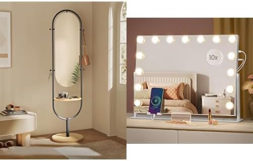SONGMICS Full-Length Floor Mirror Bundle with Makeup Mirror, 16.5 x 18.9 x 68.9 Inches, 15 LED Bulbs, Charging Ports, Oak Beige, Ink Black and Matte White ULFM007Y01 and ULWM001W01V1